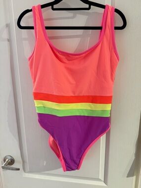LainSnow Neon Colorblock Swimsuit - Pink, Orange, Yellow, Green